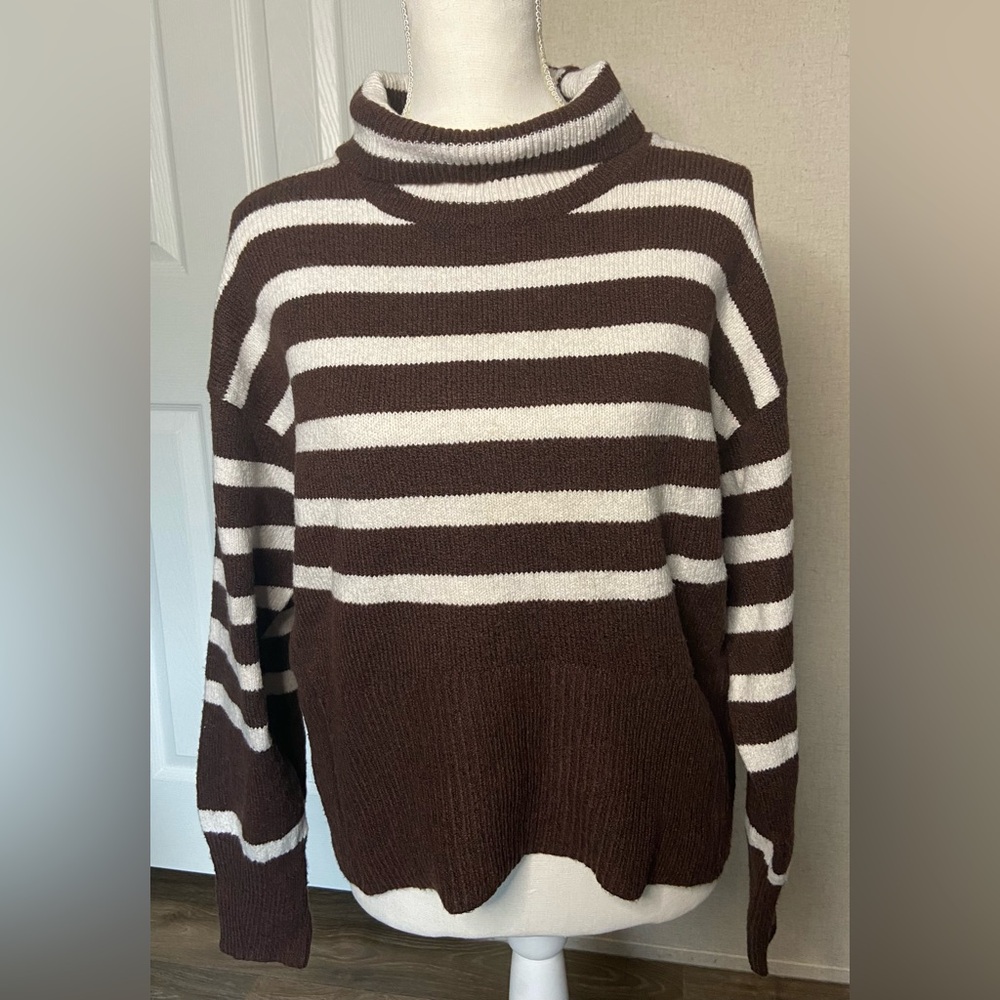 a new day‎ Chocolate and Cream Striped Turtleneck Sweater Size XS
